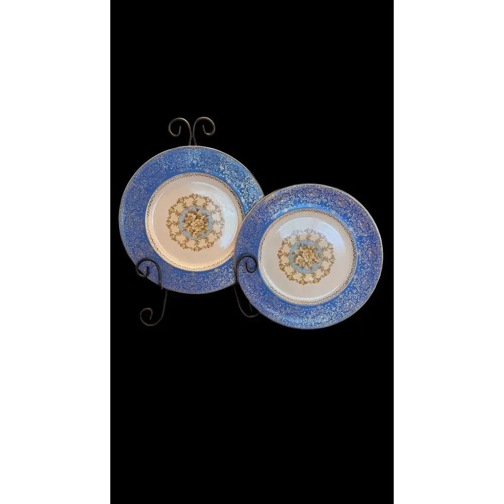 Vintage (2) Century By Salem BLUE Plates 23K Gold Filigree & Floral Design READ